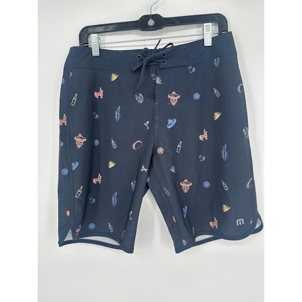 Travis Mathew Navy Board 9" Shorts Men Size 30 Hybrid Beach Skull Mexican Fiesta